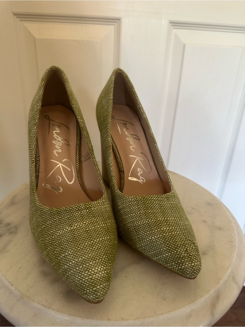 Pointed-Toe Green Fabric Pumps by Jen Levin